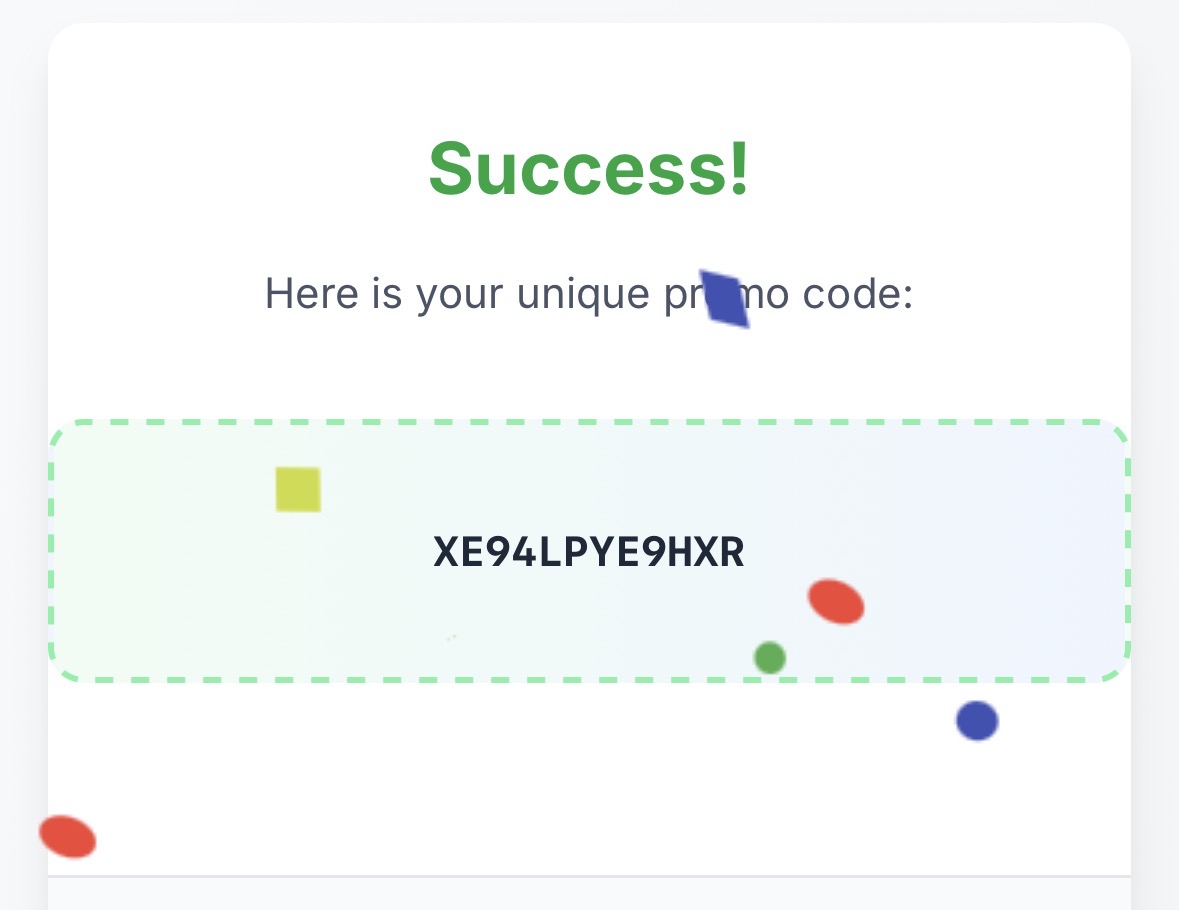 Promo Code Queue interface showing a successful code claim
